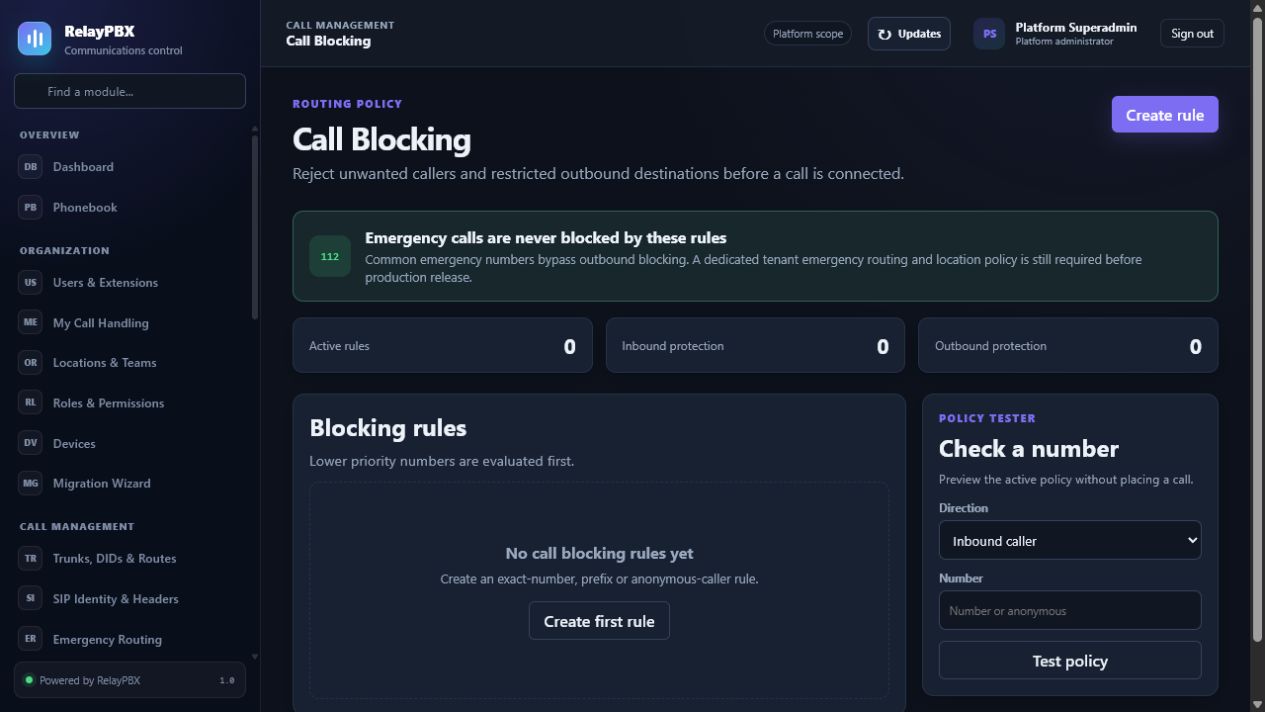 RelayPBX inbound and outbound call blocking rules
