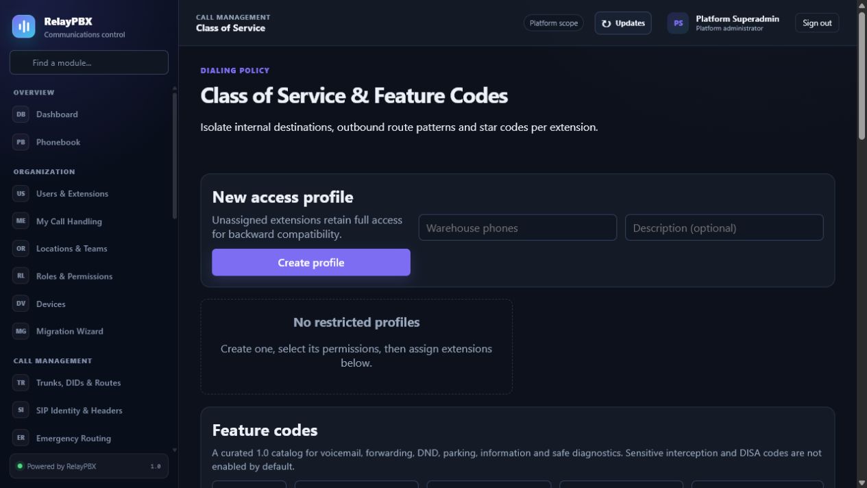 RelayPBX class of service and feature code access controls