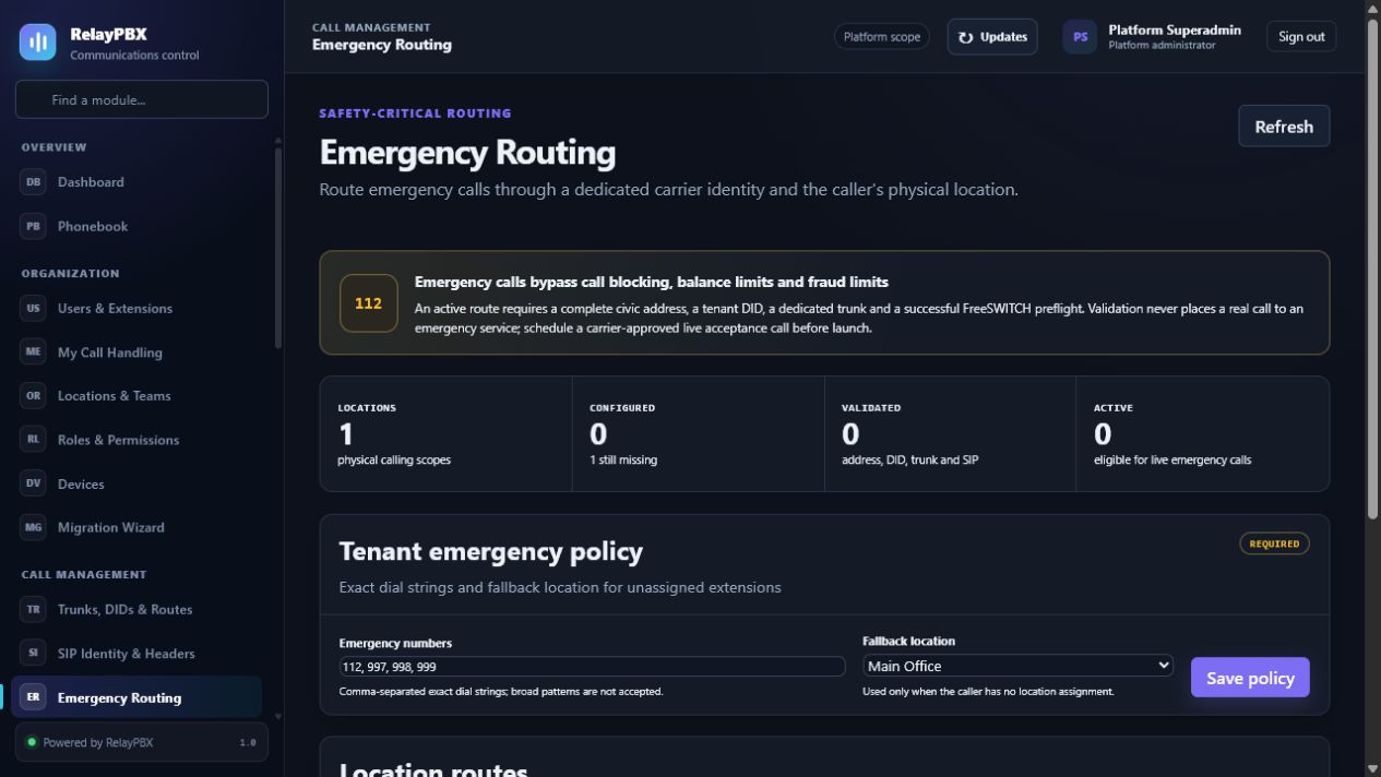 RelayPBX emergency routing readiness and dispatchable location configuration