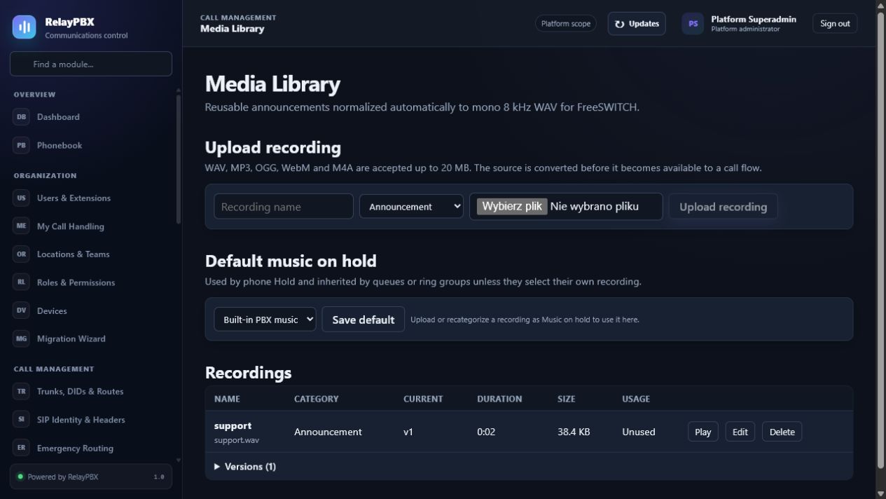 RelayPBX media library with telephony audio actions