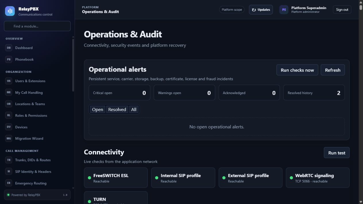 RelayPBX operations and audit screen with service health and diagnostic controls