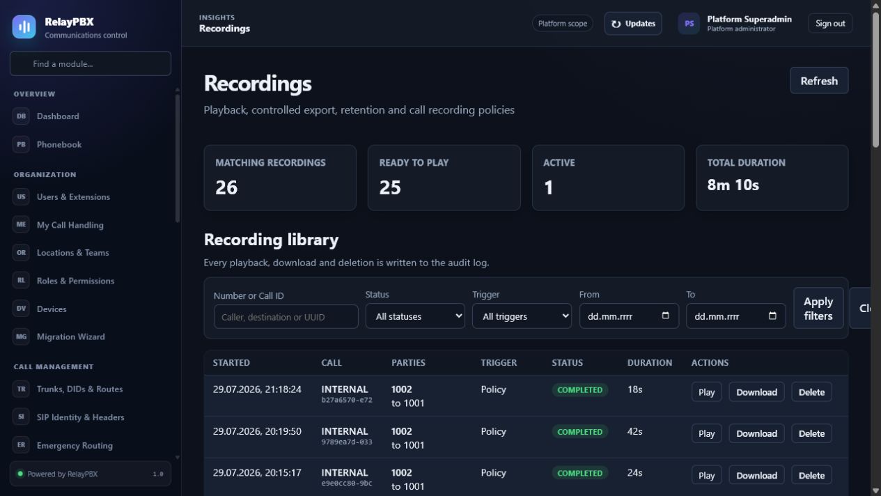 RelayPBX call recordings filters and policy controls