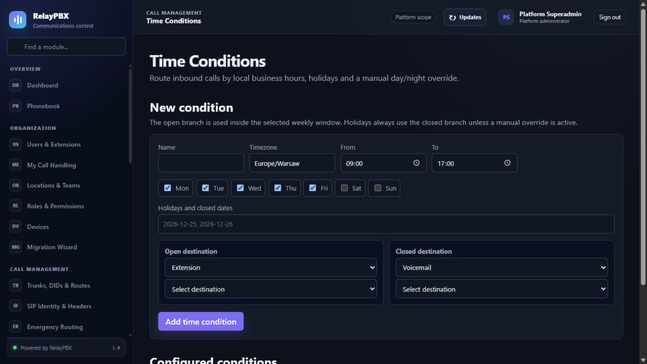 RelayPBX time condition schedule with timezone and call destinations