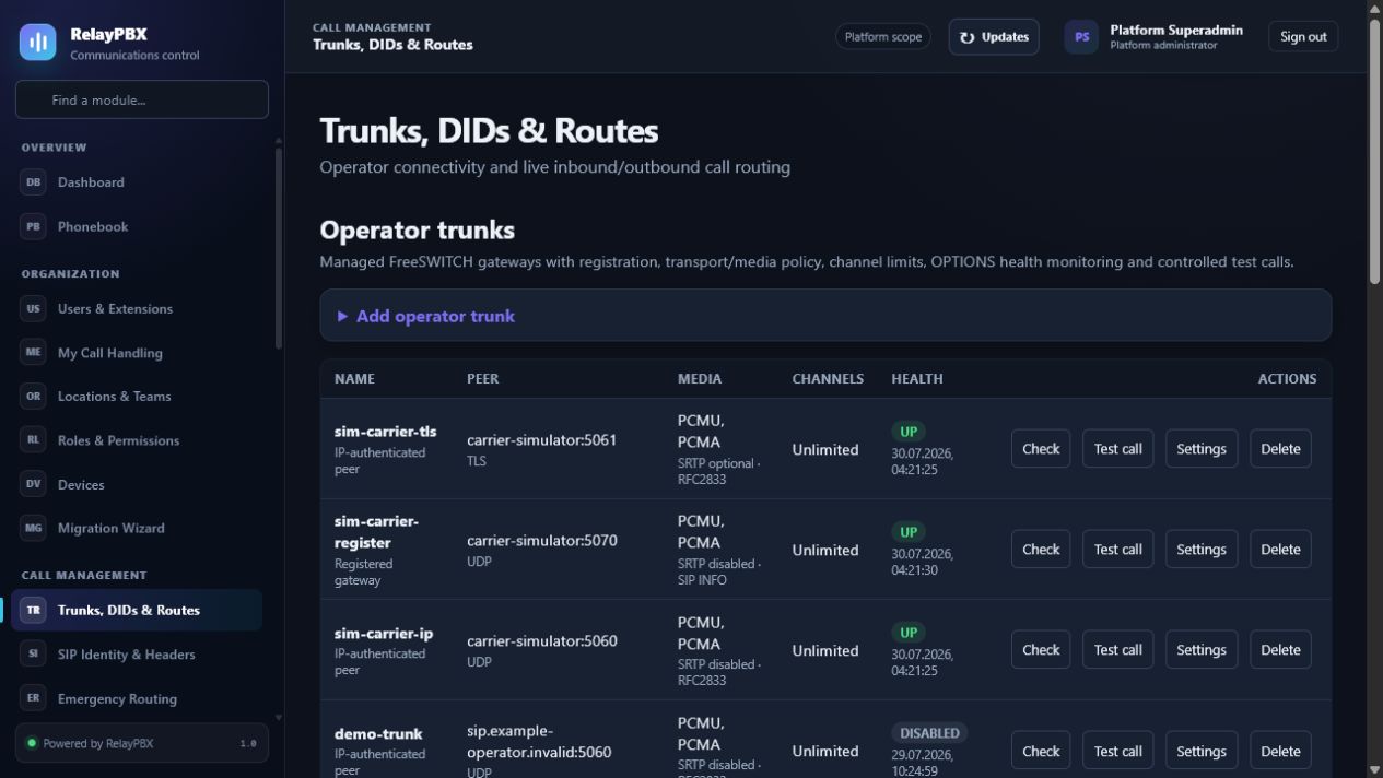 Trunks, DIDs & routes screen in RelayPBX
