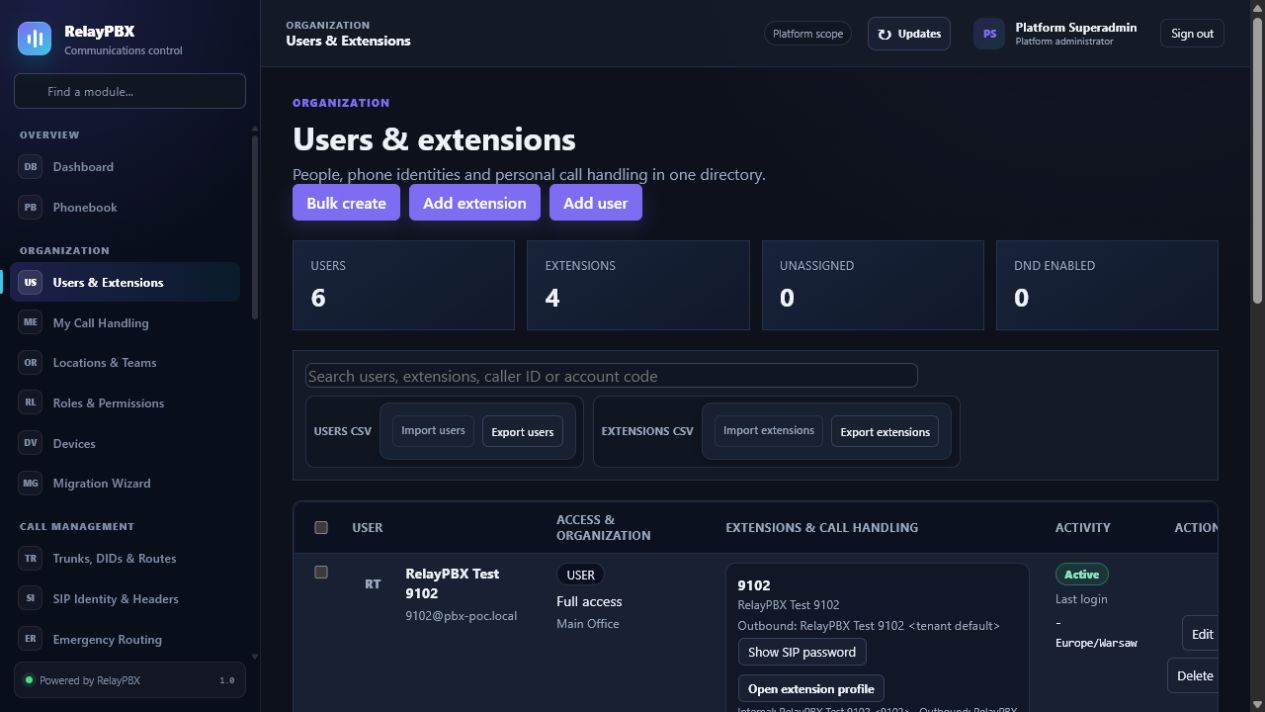 Users & extensions screen in RelayPBX
