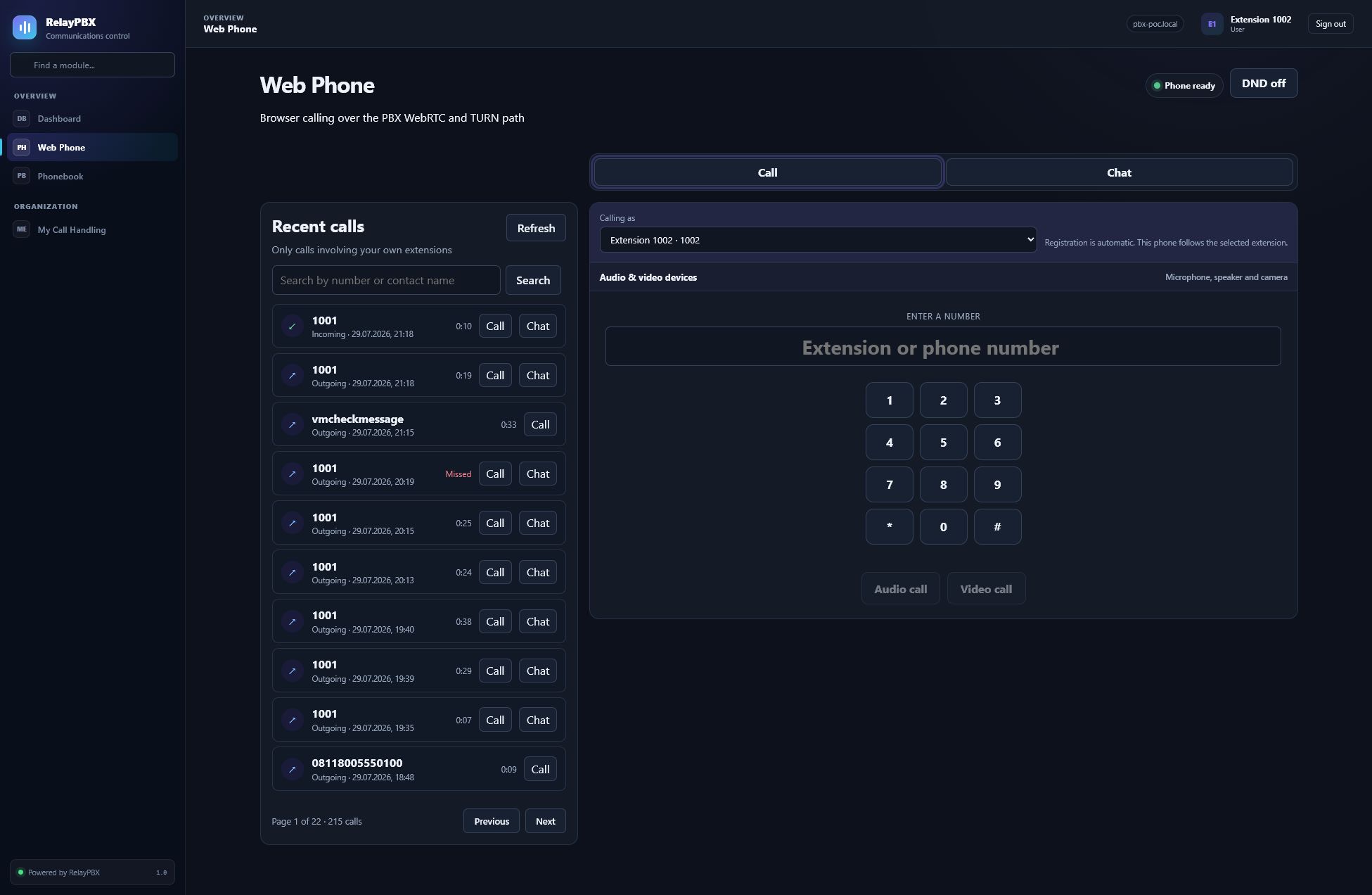 RelayPBX Web Phone with recent calls and dialer